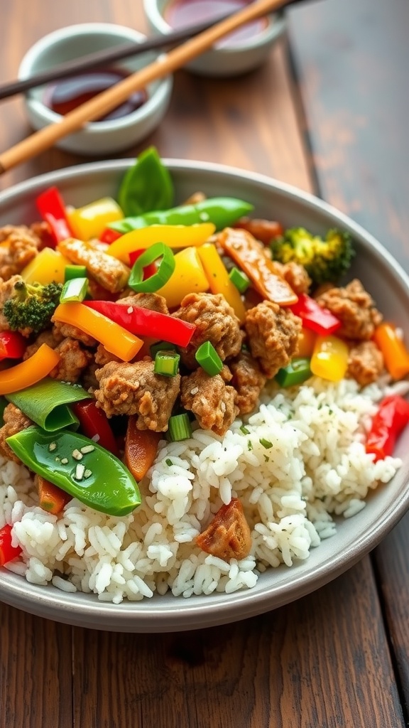 Savory Thai-Inspired Turkey Stir Fry Delicious Thai turkey stir fry with colorful vegetables served over rice, garnished with green onions.